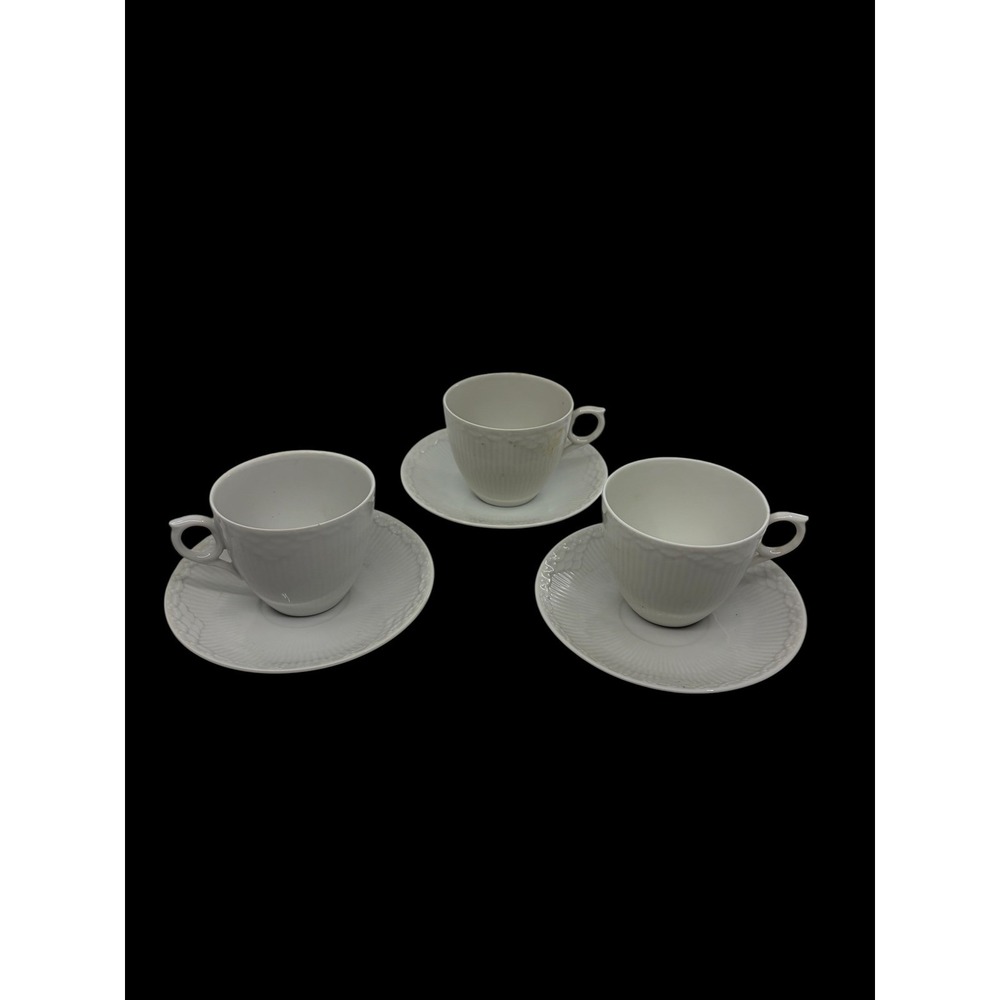 Royal Copenhagen White Half Lace Tea Cup Saucer Set 3 Denmark Fluted Porcelain